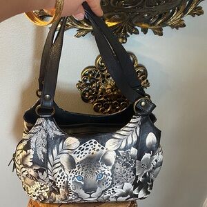 🤍🖤Gorgeous Anuschka Hand-Painted Leopard Leather Triple Compartment  Satchel 🖤❤️
